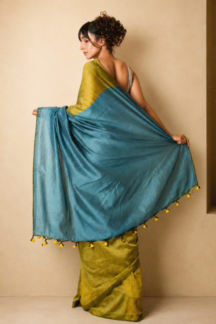 Sico Khadi Cotton Saree Steel Blue & Green with contrast blouse piece, matching tassel pallu, soft lightweight fabric, elegant traditional ethnic wear for women.