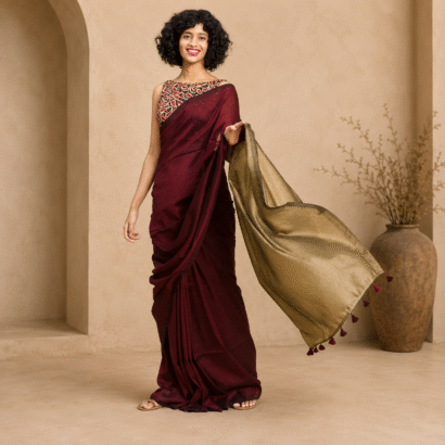 Sico Khadi Cotton Saree Wine & Golden Beige with contrast blouse piece, matching tassel pallu, soft lightweight fabric, elegant traditional ethnic wear for women.