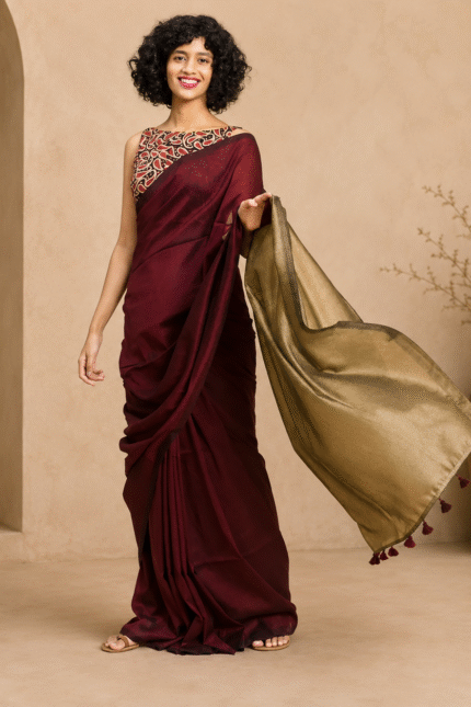 Sico Khadi Cotton Saree Wine & Golden Beige with contrast blouse piece, matching tassel pallu, soft lightweight fabric, elegant traditional ethnic wear for women.