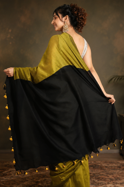 Olive Mustard & Black Sico Khadi Cotton Saree with contrast blouse piece, matching tassel pallu, soft lightweight fabric, elegant traditional ethnic wear for women.