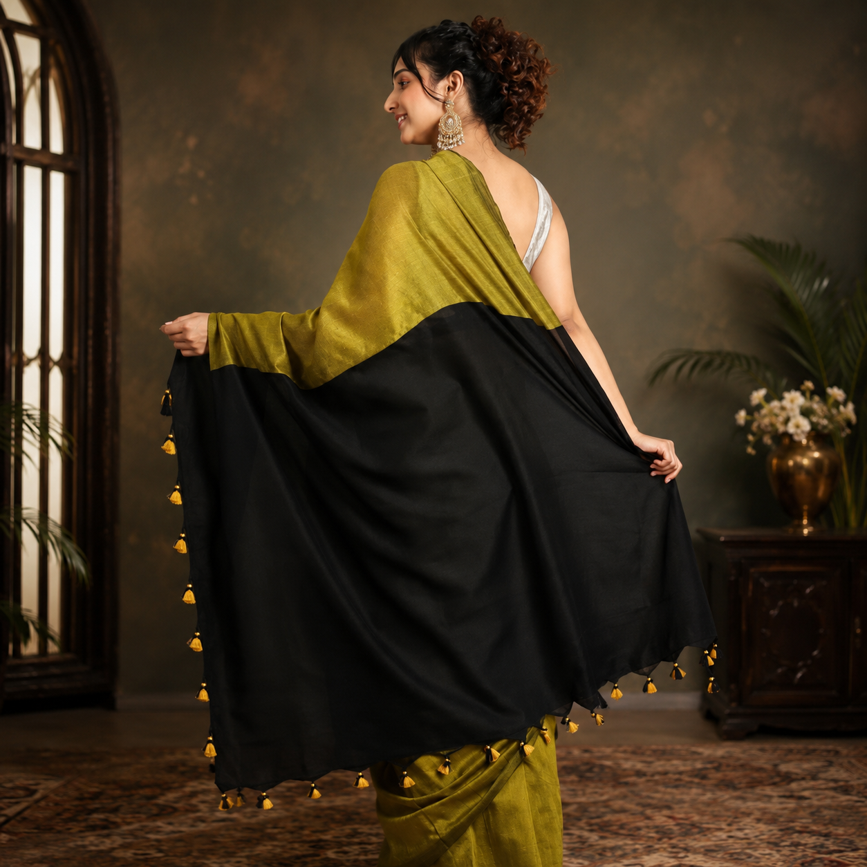 Olive Mustard & Black Olive Mustard & Black Sico Khadi Cotton Saree with contrast blouse piece, matching tassel pallu, soft lightweight fabric, elegant traditional ethnic wear for women.