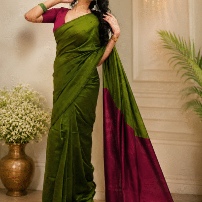Sico Khadi Cotton Saree Olive Green & Wine with contrast blouse piece, matching tassel pallu, soft lightweight fabric, elegant traditional ethnic wear for women.