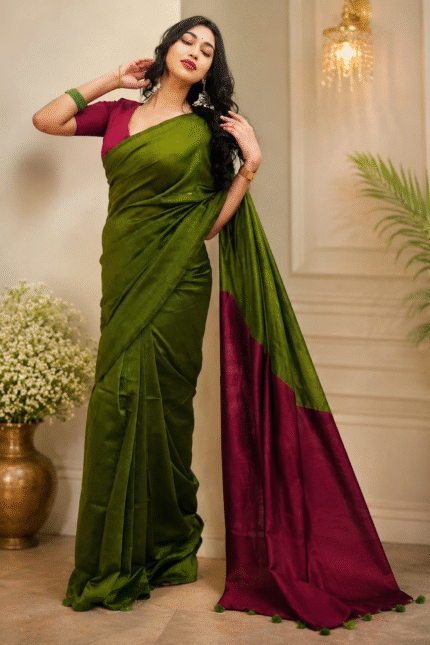 Sico Khadi Cotton Saree Olive Green & Wine with contrast blouse piece, matching tassel pallu, soft lightweight fabric, elegant traditional ethnic wear for women.