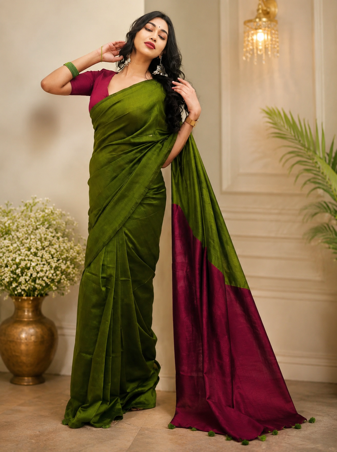 Sico Khadi Cotton Saree Olive Green & Wine with contrast blouse piece, matching tassel pallu, soft lightweight fabric, elegant traditional ethnic wear for women.