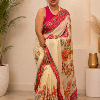 Soft Chinnon Silk Saree with exclusive digital print, Hand Aari & sequence work, 2500+ real mirror work, Gotta border, and matching blouse.