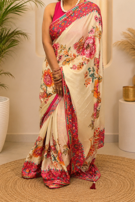 Soft Chinnon Silk Saree with exclusive digital print, Hand Aari & sequence work, 2500+ real mirror work, Gotta border, and matching blouse.