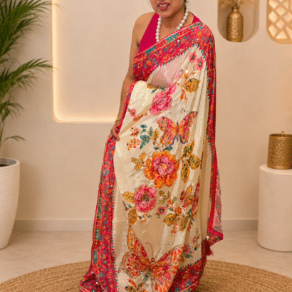 Soft Chinnon Silk Saree with exclusive digital print, Hand Aari & sequence work, 2500+ real mirror work, Gotta border, and matching blouse.