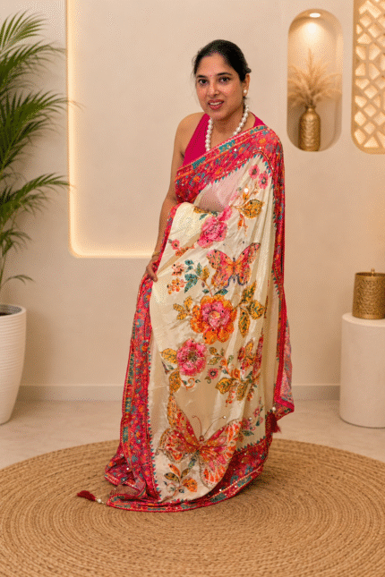 Soft Chinnon Silk Saree with exclusive digital print, Hand Aari & sequence work, 2500+ real mirror work, Gotta border, and matching blouse.