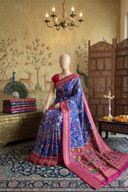 Blue Patola Silk Saree with Shikargah Print featuring intricate deer, elephant and bird motifs, rich sapphire blue double ikat design, magenta border, and gold zari pallu for festive and wedding wear.