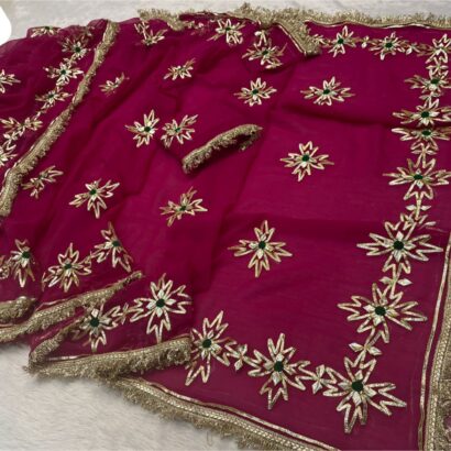 Rani Pink Georgette Gota Patti Saree featuring premium gold gota work, designer border, matching blouse, ideal for festive wear and celebrations.