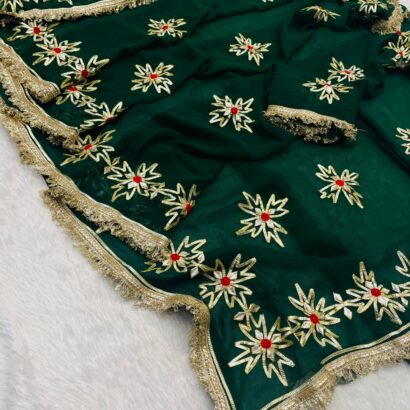Dark Green Georgette Gota Patti Saree with rich gold gota embroidery, decorative border, matching blouse, perfect for traditional and party wear.