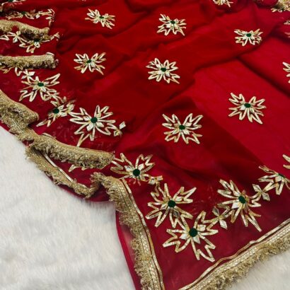Red Georgette Gota Patti Saree with intricate gold gota work, elegant embroidered border, matching blouse, perfect for weddings and festive occasions.