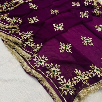 Wine Georgette Gota Patti Saree adorned with elegant gold gota work, designer border, matching blouse, ideal for weddings and festive events.