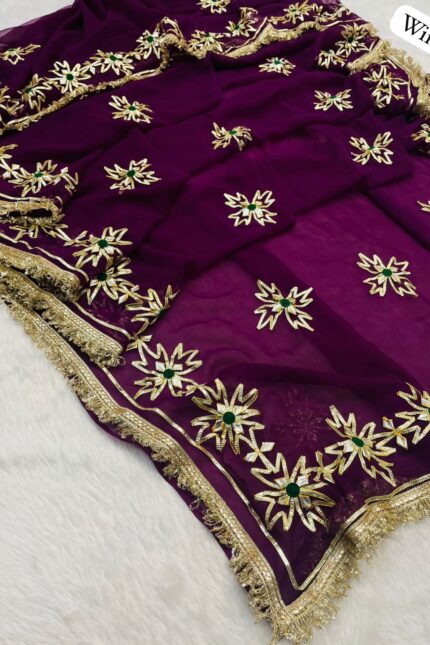 Wine Georgette Gota Patti Saree adorned with elegant gold gota work, designer border, matching blouse, ideal for weddings and festive events.