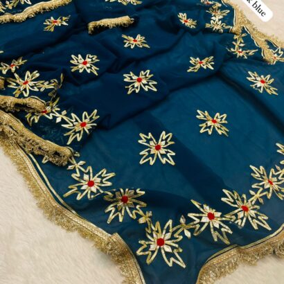 Peacock Blue Georgette Gota Patti Saree with exquisite gold gota embroidery, premium border, matching blouse, perfect for festive and wedding wear.