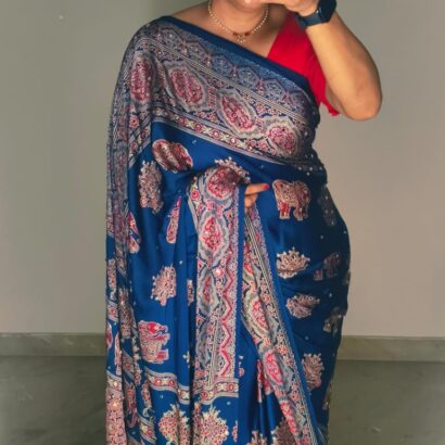 Ajrakh Print Crepe Silk Saree with Trending Hathi Print, Elegant Small Mirror Work, Ajrakh Printed Pallu and Border with Designer Printed Blouse