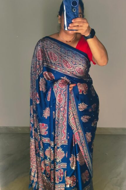 Ajrakh Print Crepe Silk Saree with Trending Hathi Print, Elegant Small Mirror Work, Ajrakh Printed Pallu and Border with Designer Printed Blouse