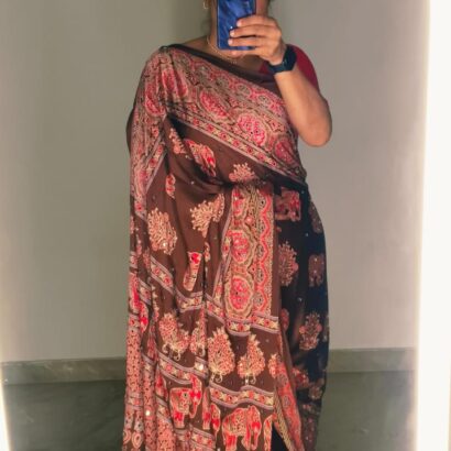 Ajrakh Print Crepe Silk Saree with Trending Hathi Print, Elegant Small Mirror Work, Ajrakh Printed Pallu and Border with Designer Printed Blouse