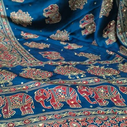 Ajrakh Print Crepe Silk Saree with Trending Hathi Print, Elegant Small Mirror Work, Ajrakh Printed Pallu and Border with Designer Printed Blouse