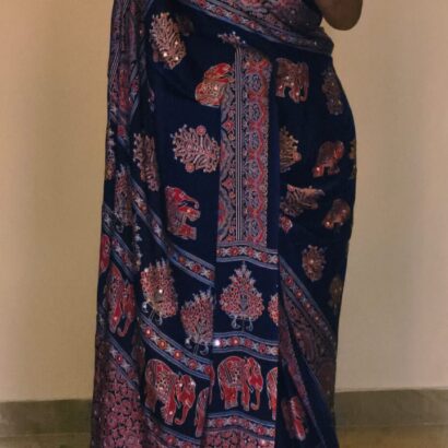 Ajrakh Print Crepe Silk Saree with Trending Hathi Print, Elegant Small Mirror Work, Ajrakh Printed Pallu and Border with Designer Printed Blouse