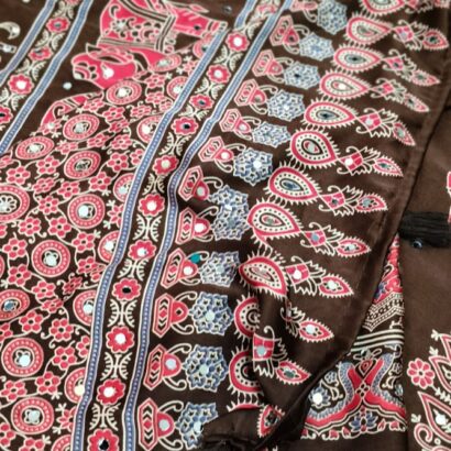 Brown Ajrakh Print Crepe Silk Saree with Trending Hathi Print, Elegant Small Mirror Work, Ajrakh Printed Pallu and Border with Designer Printed Blouse
