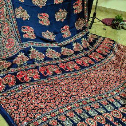 BLUE Ajrakh Print Crepe Silk Saree with Trending Hathi Print, Elegant Small Mirror Work, Ajrakh Printed Pallu and Border with Designer Printed Blouse