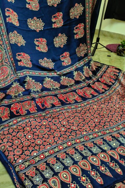 BLUE Ajrakh Print Crepe Silk Saree with Trending Hathi Print, Elegant Small Mirror Work, Ajrakh Printed Pallu and Border with Designer Printed Blouse