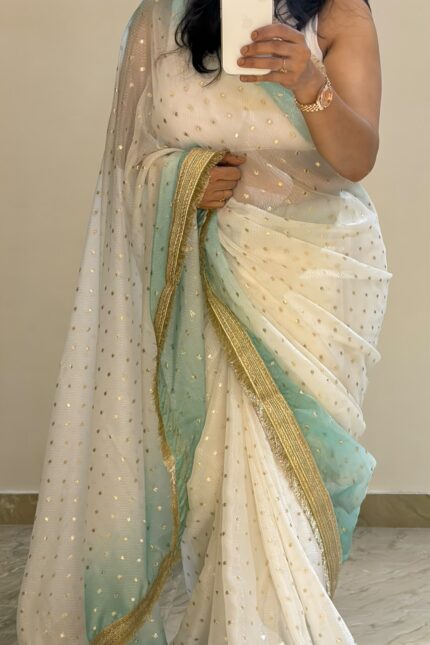 White & Sky Blue Fendi Satin Silk Saree with self-weaving jacquard, elegant buttis, ombre design, fancy golden jhalar lace border, and matching running blouse for festive, party, and wedding wear.