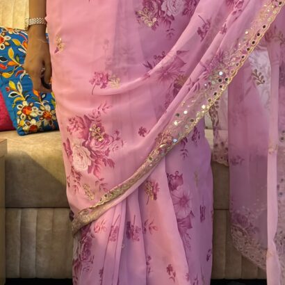 Pink Floral Georgette Saree with Embroidery, Sequins Work, Original Hand Mirror Work, Aarco Border and Stitched Mirror Blouse