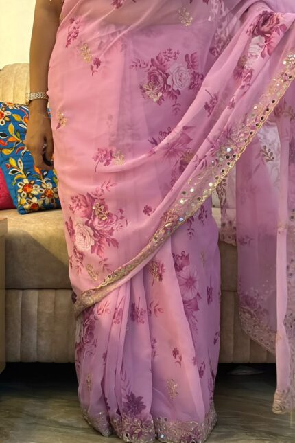 Pink Floral Georgette Saree with Embroidery, Sequins Work, Original Hand Mirror Work, Aarco Border and Stitched Mirror Blouse
