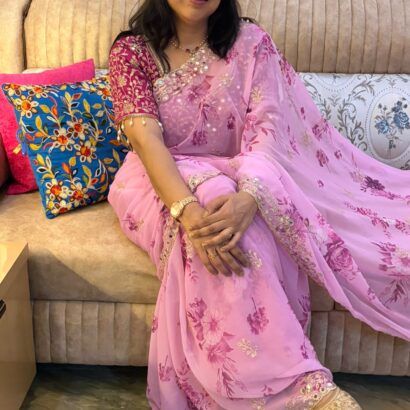 Pink Floral Georgette Saree with Embroidery, Sequins Work, Original Hand Mirror Work, Aarco Border and Stitched Mirror Blouse