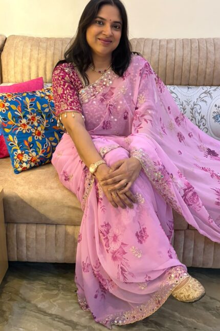 Pink Floral Georgette Saree with Embroidery, Sequins Work, Original Hand Mirror Work, Aarco Border and Stitched Mirror Blouse