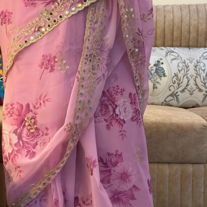 Pink Floral Georgette Saree with Embroidery, Sequins Work, Original Hand Mirror Work, Aarco Border and Stitched Mirror Blouse