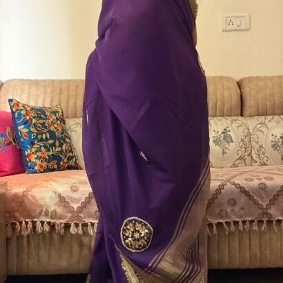 Purple Fendi Satin Saree with rich jacquard weaving border, woven patta design, fancy sequins jhalar lace border, and matching unstitched handwork blouse for weddings, festive wear, and party occasions.
