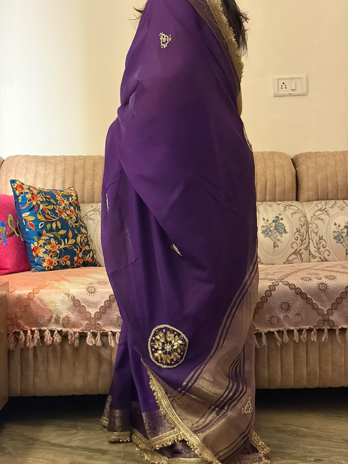 Purple Fendi Satin Saree with rich jacquard weaving border, woven patta design, fancy sequins jhalar lace border, and matching unstitched handwork blouse for weddings, festive wear, and party occasions.