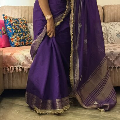 Purple Fendi Satin Saree with rich jacquard weaving border, woven patta design, fancy sequins jhalar lace border, and matching unstitched handwork blouse for weddings, festive wear, and party occasions.