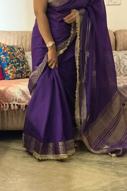 Purple Fendi Satin Saree with rich jacquard weaving border, woven patta design, fancy sequins jhalar lace border, and matching unstitched handwork blouse for weddings, festive wear, and party occasions.