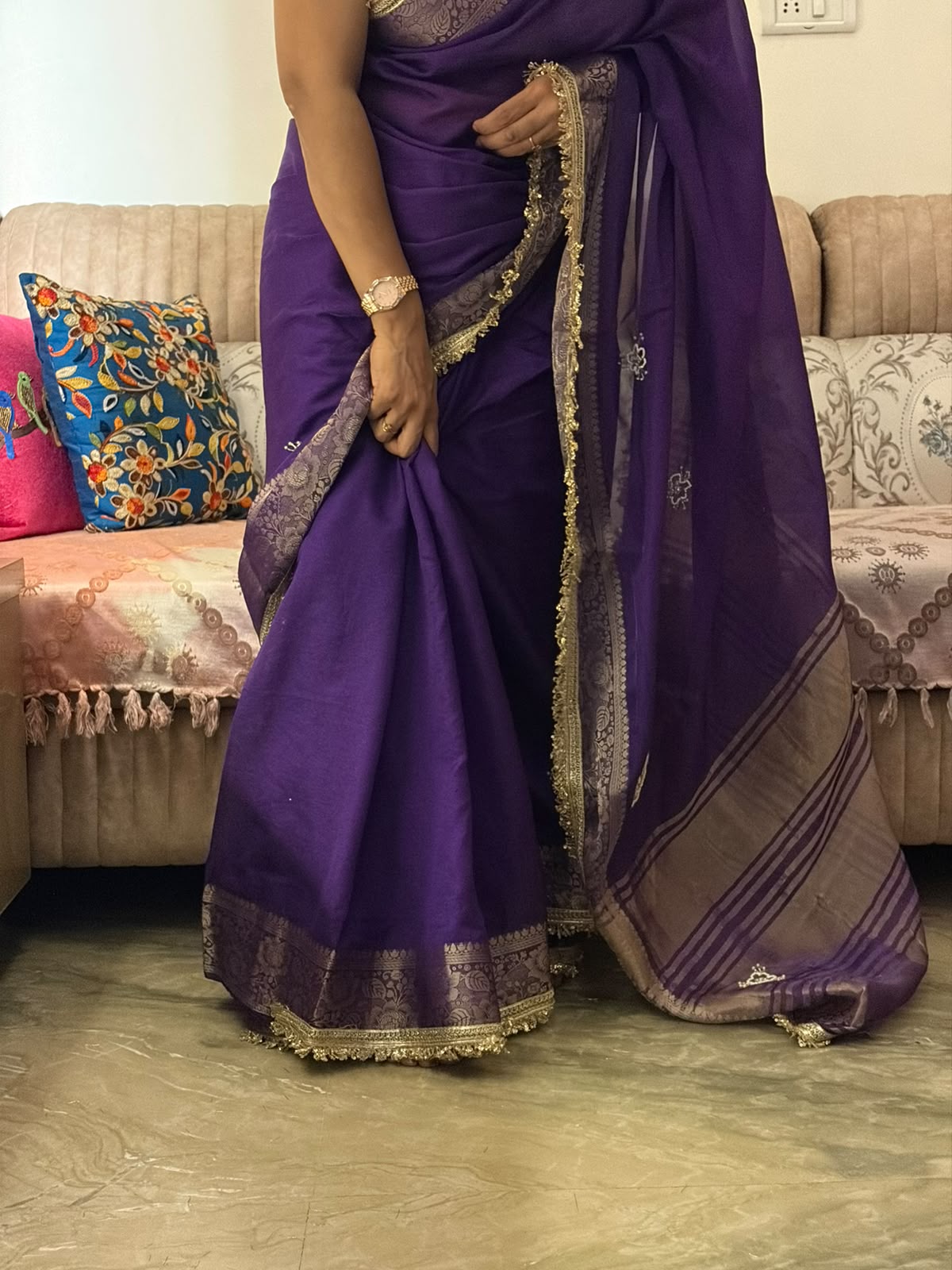 Purple Fendi Satin Saree with rich jacquard weaving border, woven patta design, fancy sequins jhalar lace border, and matching unstitched handwork blouse for weddings, festive wear, and party occasions.