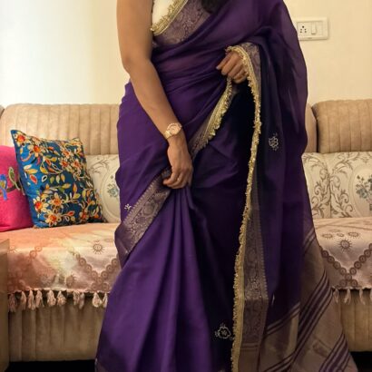 Purple Fendi Satin Saree with rich jacquard weaving border, woven patta design, fancy sequins jhalar lace border, and matching unstitched handwork blouse for weddings, festive wear, and party occasions.