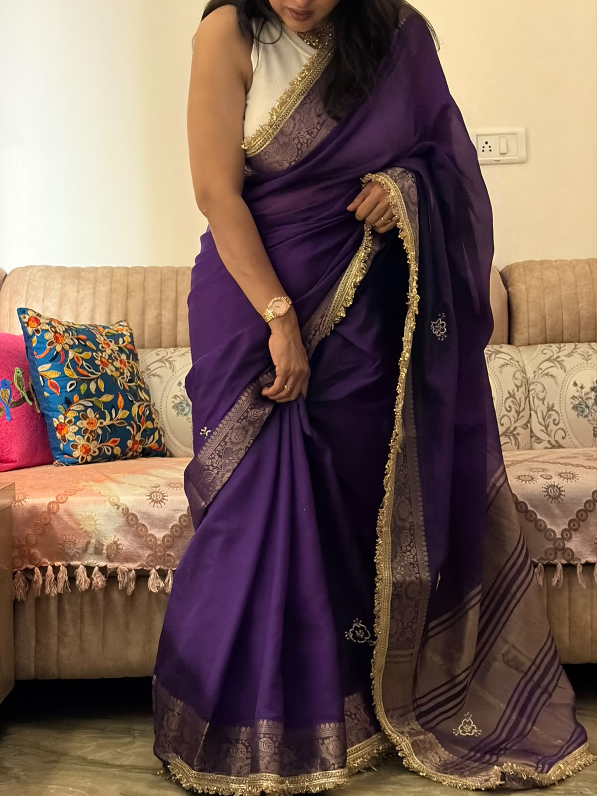 Purple Fendi Satin Saree with rich jacquard weaving border, woven patta design, fancy sequins jhalar lace border, and matching unstitched handwork blouse for weddings, festive wear, and party occasions.