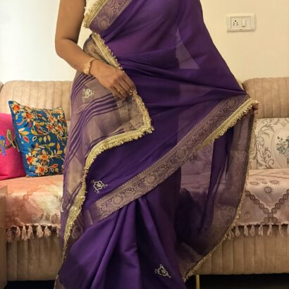 Purple Fendi Satin Saree with rich jacquard weaving border, woven patta design, fancy sequins jhalar lace border, and matching unstitched handwork blouse for weddings, festive wear, and party occasions.