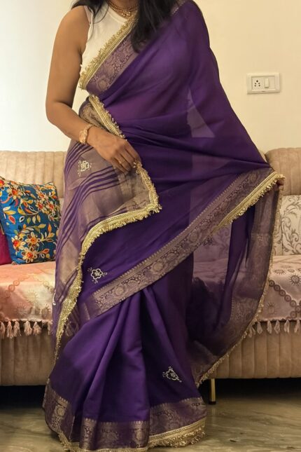 Purple Fendi Satin Saree with rich jacquard weaving border, woven patta design, fancy sequins jhalar lace border, and matching unstitched handwork blouse for weddings, festive wear, and party occasions.