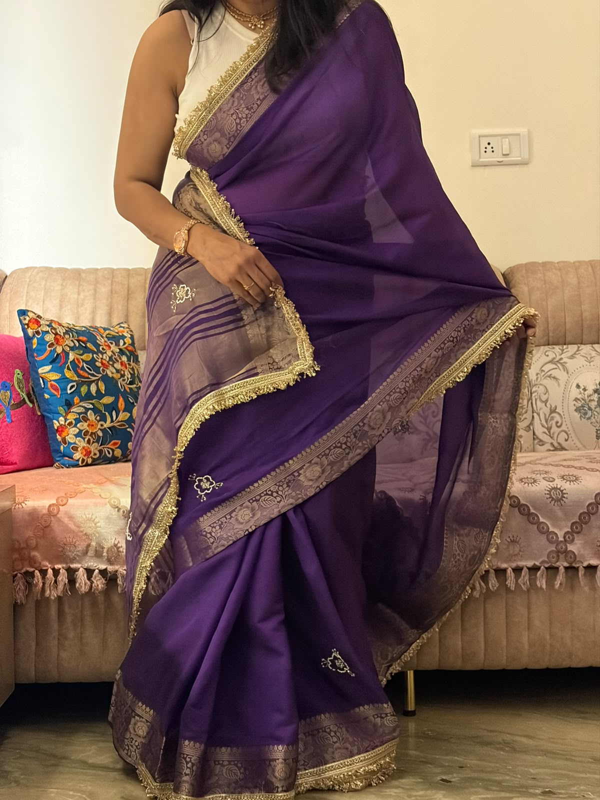 Purple Fendi Satin Saree with rich jacquard weaving border, woven patta design, fancy sequins jhalar lace border, and matching unstitched handwork blouse for weddings, festive wear, and party occasions.
