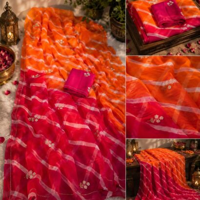 Multicolor Leheriya Chiffon Saree with Handwork, Half Pure Chiffon Fabric and Matching Blouse, Perfect for Every Occasion