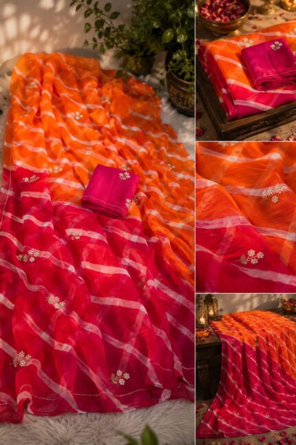 Multicolor Leheriya Chiffon Saree with Handwork, Half Pure Chiffon Fabric and Matching Blouse, Perfect for Every Occasion
