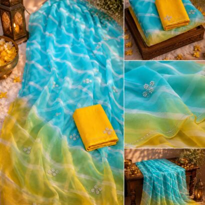 Multicolor Leheriya Chiffon Saree with Handwork, Half Pure Chiffon Fabric and Matching Blouse, Perfect for Every Occasion