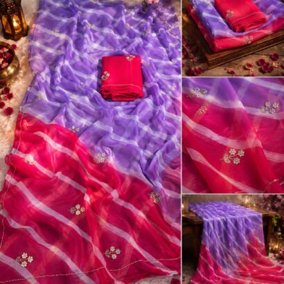 Multicolor Leheriya Chiffon Saree with Handwork, Half Pure Chiffon Fabric and Matching Blouse, Perfect for Every Occasion