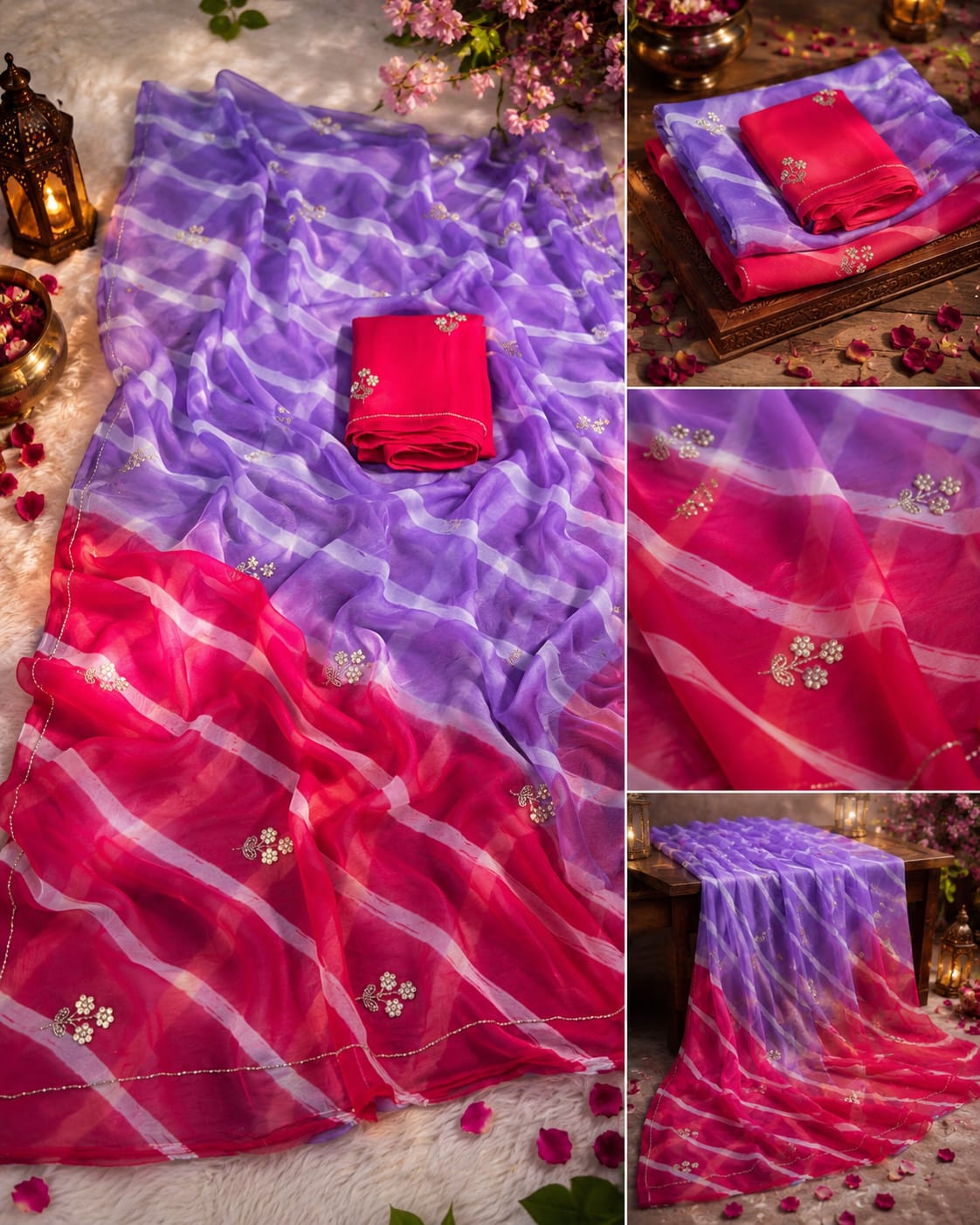 Multicolor Leheriya Chiffon Saree with Handwork, Half Pure Chiffon Fabric and Matching Blouse, Perfect for Every Occasion