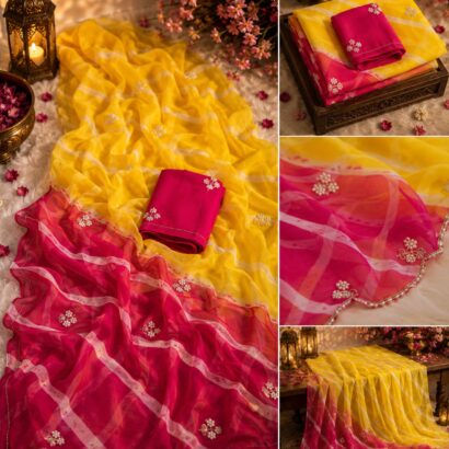 Multicolor Leheriya Chiffon Saree with Handwork, Half Pure Chiffon Fabric and Matching Blouse, Perfect for Every Occasion