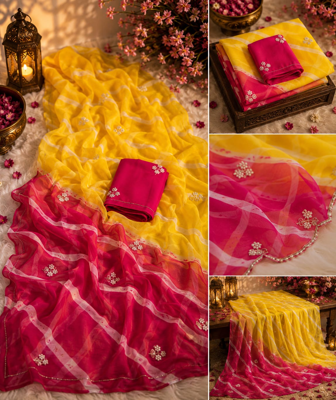 Multicolor Leheriya Chiffon Saree with Handwork, Half Pure Chiffon Fabric and Matching Blouse, Perfect for Every Occasion
